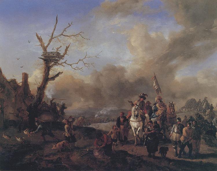 Philips Wouwerman Heranziehender Soldatentrob mit Marketenderinnen und Kindern, ein Bauerngehoft plundernd oil painting picture
